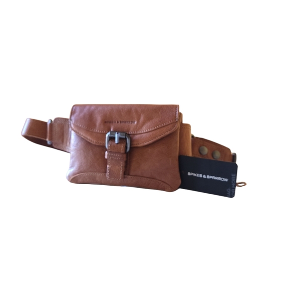 SPIKES & SPARROW Genuine Leather Front Pocket Big Waist Belt Bag Fanny Pack Tan - Picture 5 of 16